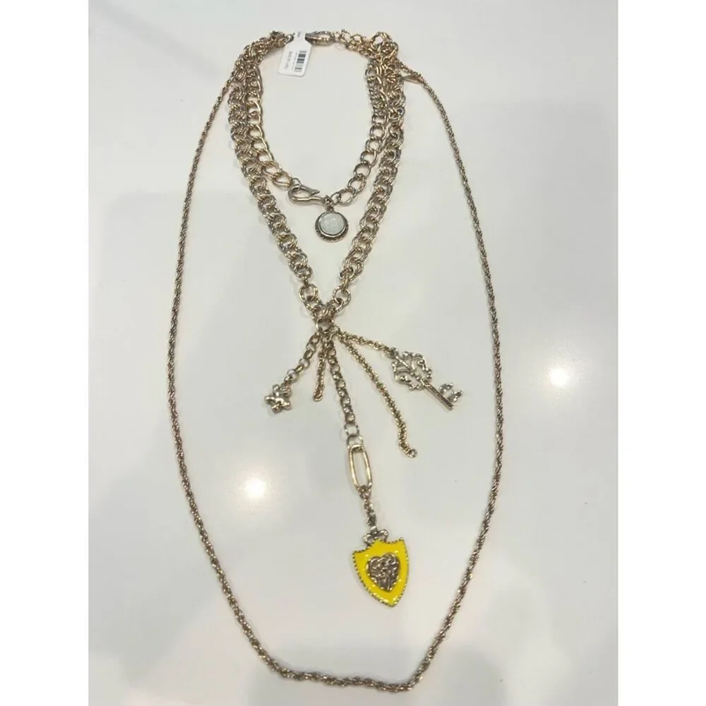 Free People Tate Layer Necklace - Gold Keys With White  Stone NEW W FLAW